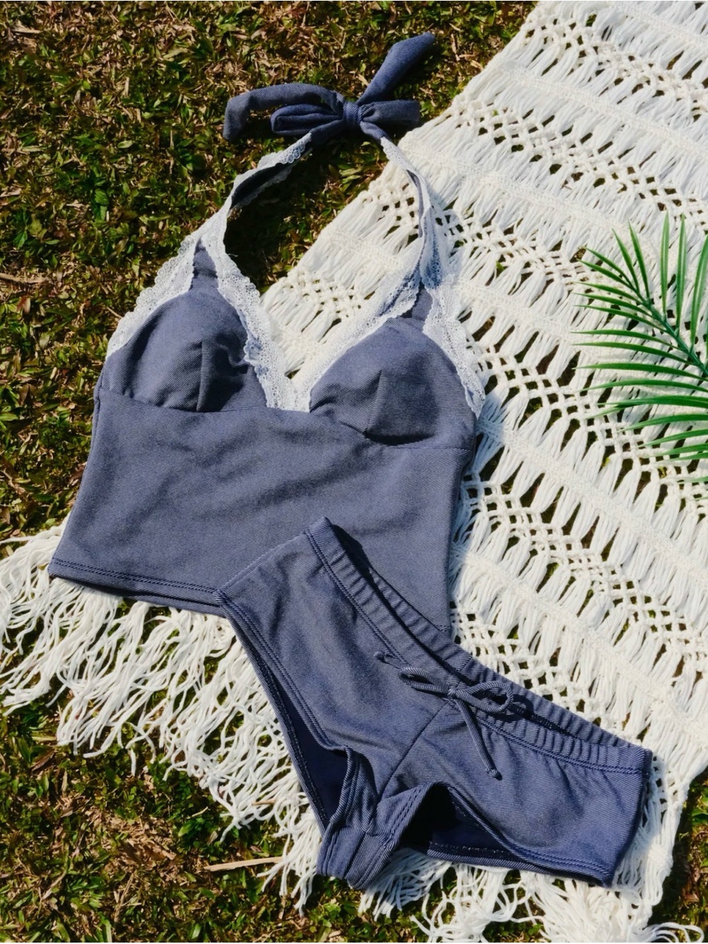 DEEP BLUE DENIM LACE PLUNGING NECK CHEEKY BOYSHORTS TANKINI SET JANEXSWIM